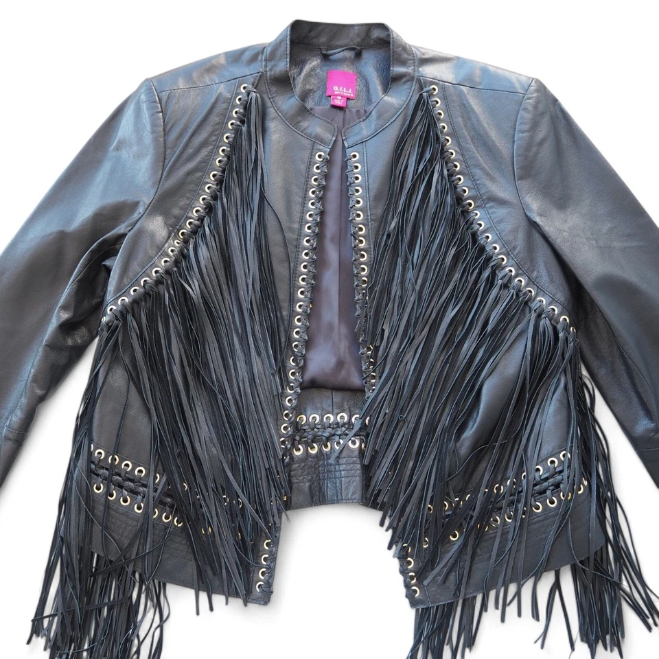 Chaqueta de moto de cuero con flecos negra para mujer G.I.L.I Got it Love It 10 Foto 4 de 4