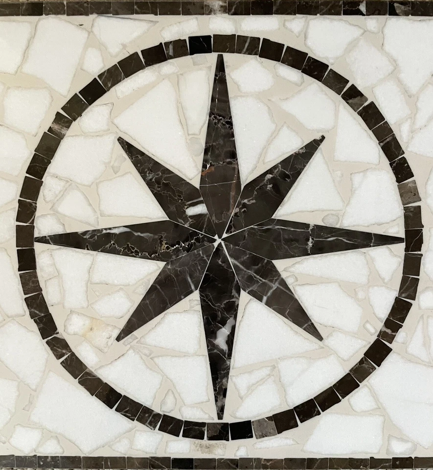 19.75”x11.25" Marble Floor Tile Mosaic  Medallion. Brown & White Star. - Image 4 of 4