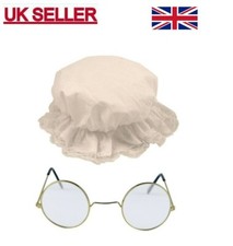 Victorian Nanny Grandma Fancy Dress White Mop Cap Hat And Clear Round Glasses.