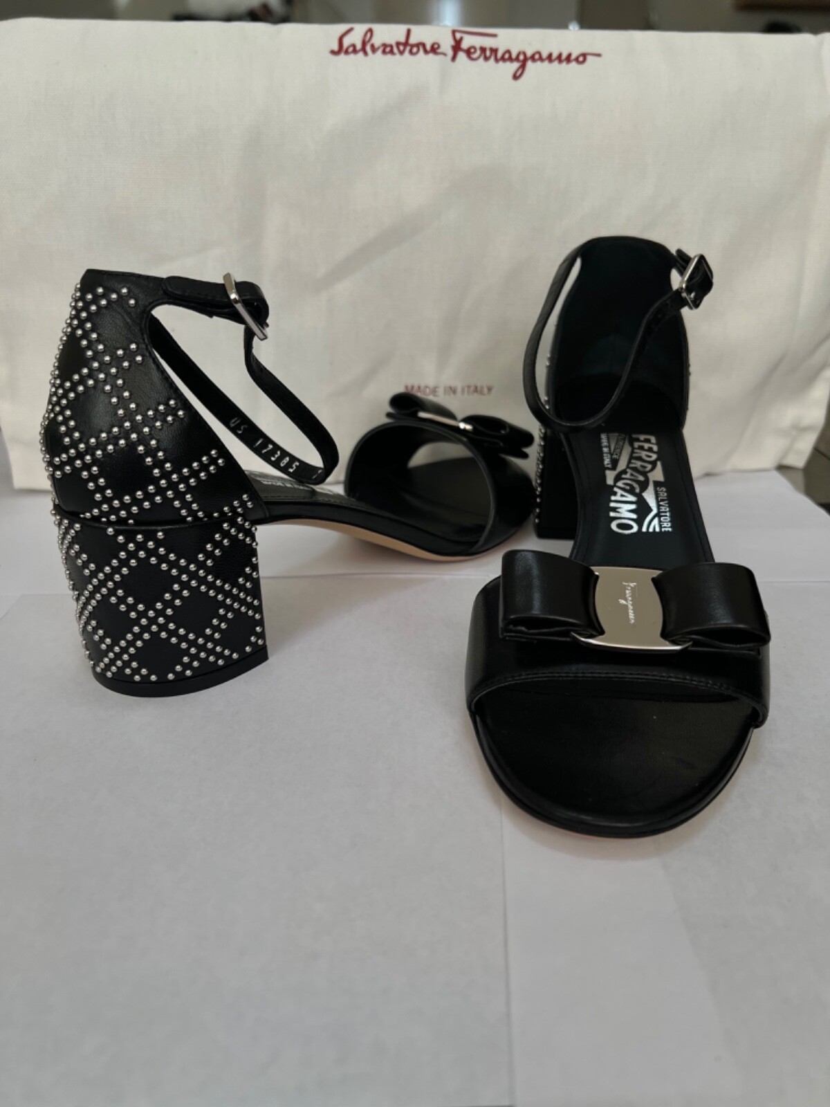 Salvatore Ferragamo Black Gavina Bow Patent Studded  Leather Sandals.Size 7C.NWB