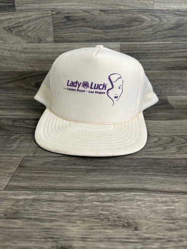Vtg Foam Lady Luck Casino Hotel Las Vegas Cap White Trucker Hat Mesh SnapBack