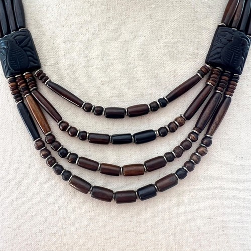 Vintage Brown Carved Hair Pipe Beads Multi Strand Bib Necklace Ethnic Tribal - Picture 3 of 6