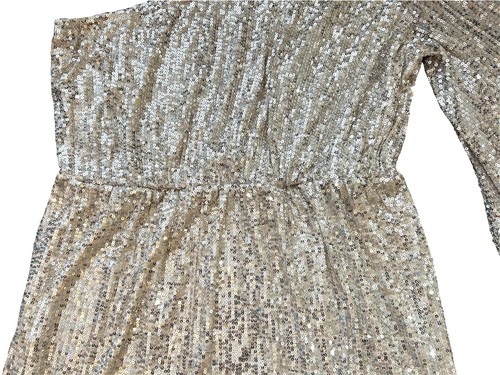 Boutique Hailey & Co Silver Sequin Dress One Shoulder Bell Sleeve A Line Large - Picture 5 of 10