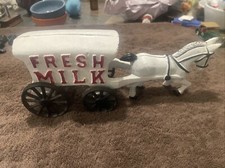 Vintage Cast Iron Toy Horse and Wagon Fresh Milk. 10  In Length