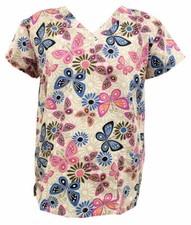 Serene Women's Medical Scrub Tops Gray Butterfly Floral Stamp Steel Gray S