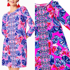 Lilly Pulitzer Ophelia Plumeria Pink in Hollidaze Knit Swing Dress XS Colorful