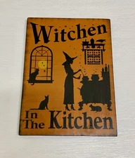 🧡HP PRIMITIVE WITCHEN IN THE KITCHEN ORANGE HANDPAINTED HALLOWEEN CAT WOOD SIGN