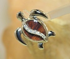 17.5mm Small 925 Silver Genuine Inlaid Hawaiian Koa Wood Honu Turtle CZ Pendant