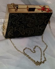 Kelly Brook Black Clutch With Gold Embroidery, Frame & Chain Strap Bnwt New Look