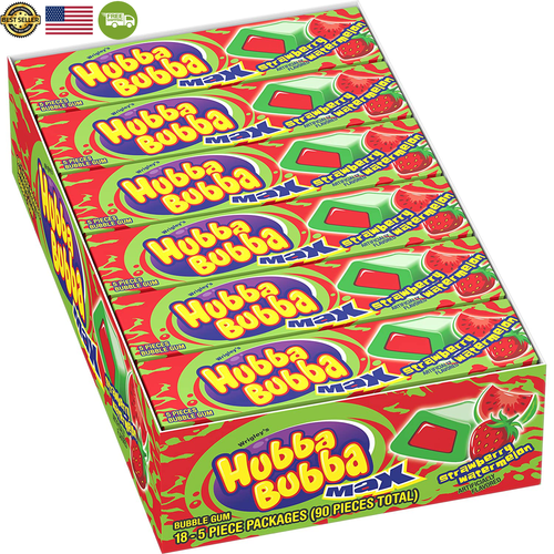 Hubba Bubba Max Strawberry Watermelon Bubble Gum, 5 Piece Pack of 18