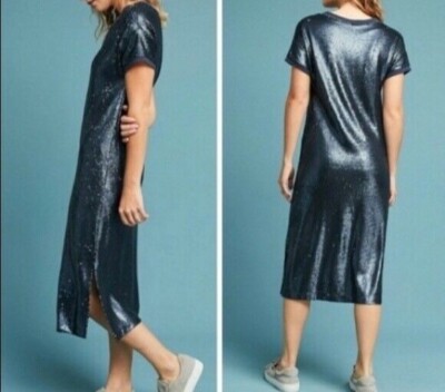 anthropologie blue sequin dress Anthropologie Dress Womens Extra Small Blue Sequin Boat Neck Short Sleeve T-Shirt