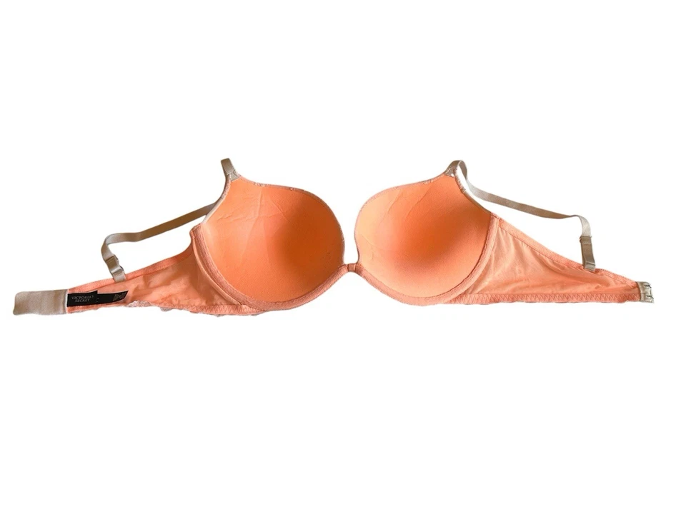 VS Victorias Secret Padded Demi Bra Women's SZ 36D Peach/Orange Rhinestone Lace - Image 4 of 4