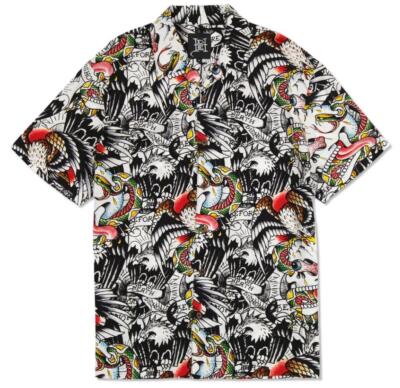 ED HARDY Battle Skull Tattoo Death Before Dishonor Button Camp Shirt Men's NWT