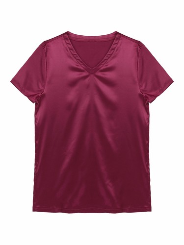 Men's Women Satin T-Shirts V Neck Short Sleeve Soft Loose Pajamas Tops Nightwear - Picture 46 of 66