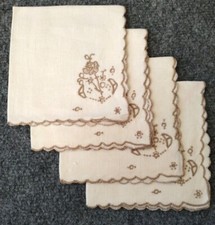 Set of 4 Handkerchief - Ivory with Embroidered Brown Flower  Cut-outs 10.75x11"