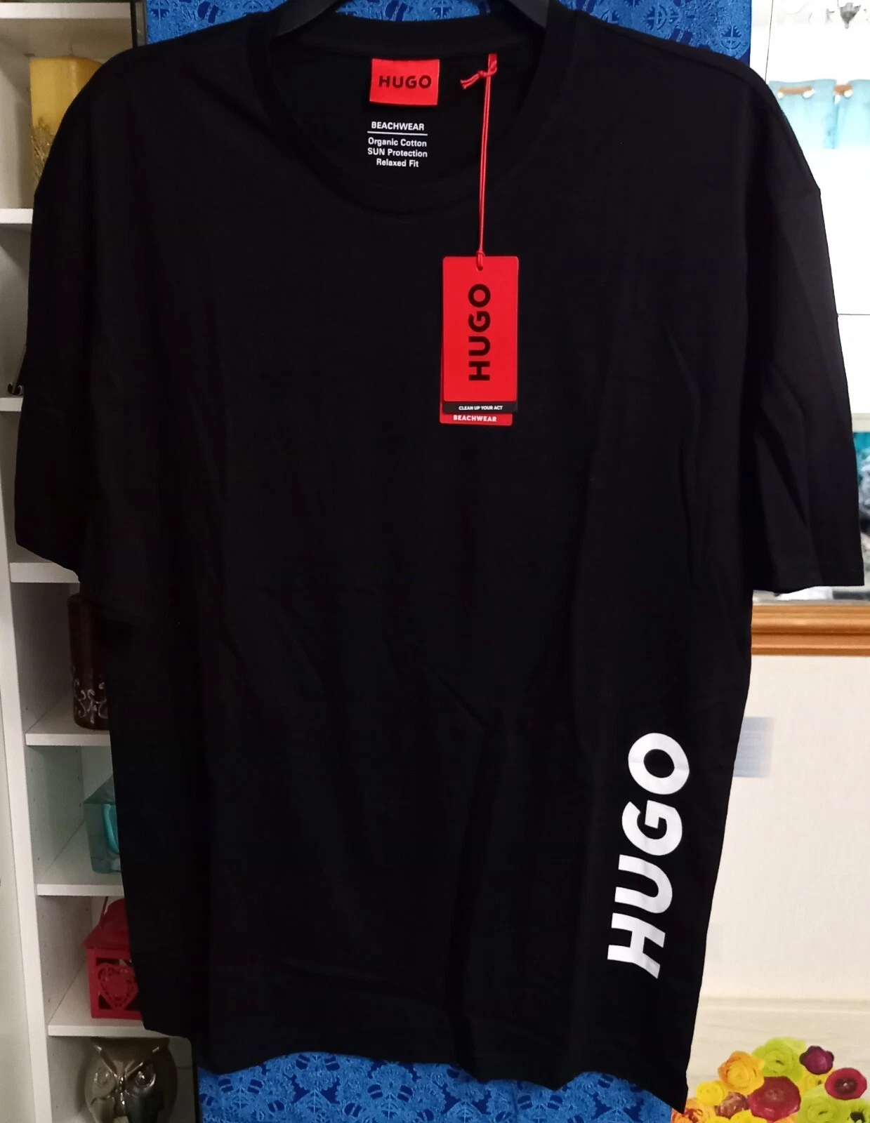 HUGO Beachwear Logo Relaxed Fit Short Sleeve Black T-Shirt, Men's size Large