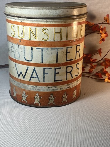 1940’s VINTAGE SUNSHINE BUTTER WAFERS TIN CAN, Loose-Wiles Biscuit Co in NYC