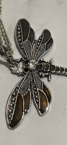 Brown & Grey Dragonfly Silver Tone Rhinestone Pendant Necklace GAR4-12 - Picture 9 of 13
