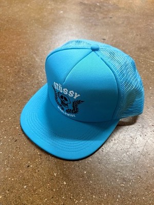 Vintage Y2K Stussy SnapBack Trucker Hat Mesh Big Print Skull Logo 8 Ball Surf