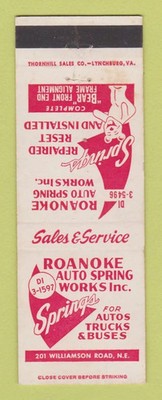 Matchbook Cover - Roanoke Auto Spring Works VA