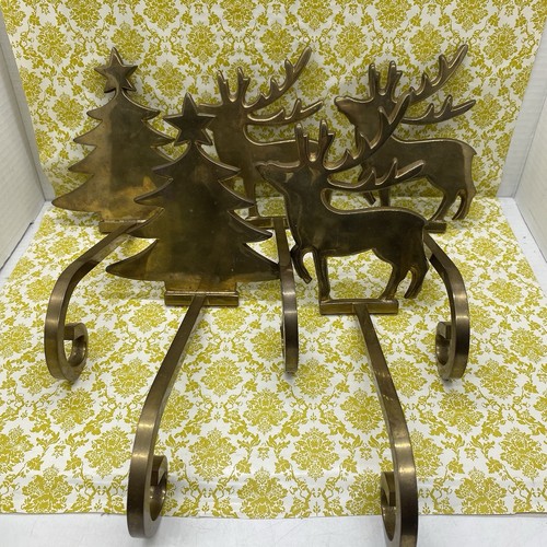 Solid Brass Christmas Stocking Holder Hangers 3 Reindeer & 2 Christmas Trees