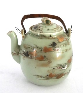 Antique Japanese Koransha Fukagawa Gilt Celadon Green Porcelain Teapot