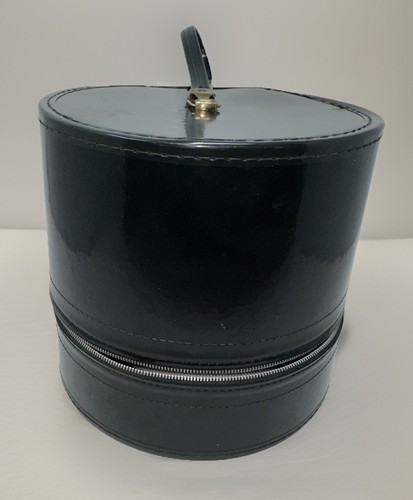 Vintage  Black Patent Leather Wig Hat Box Zipper Handle Travel Case Large
