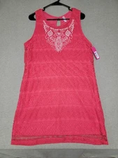NEW~XHILARATION~ Woman's XL Sleeveless Dress Lace Overlay Geranium Coral Stretch