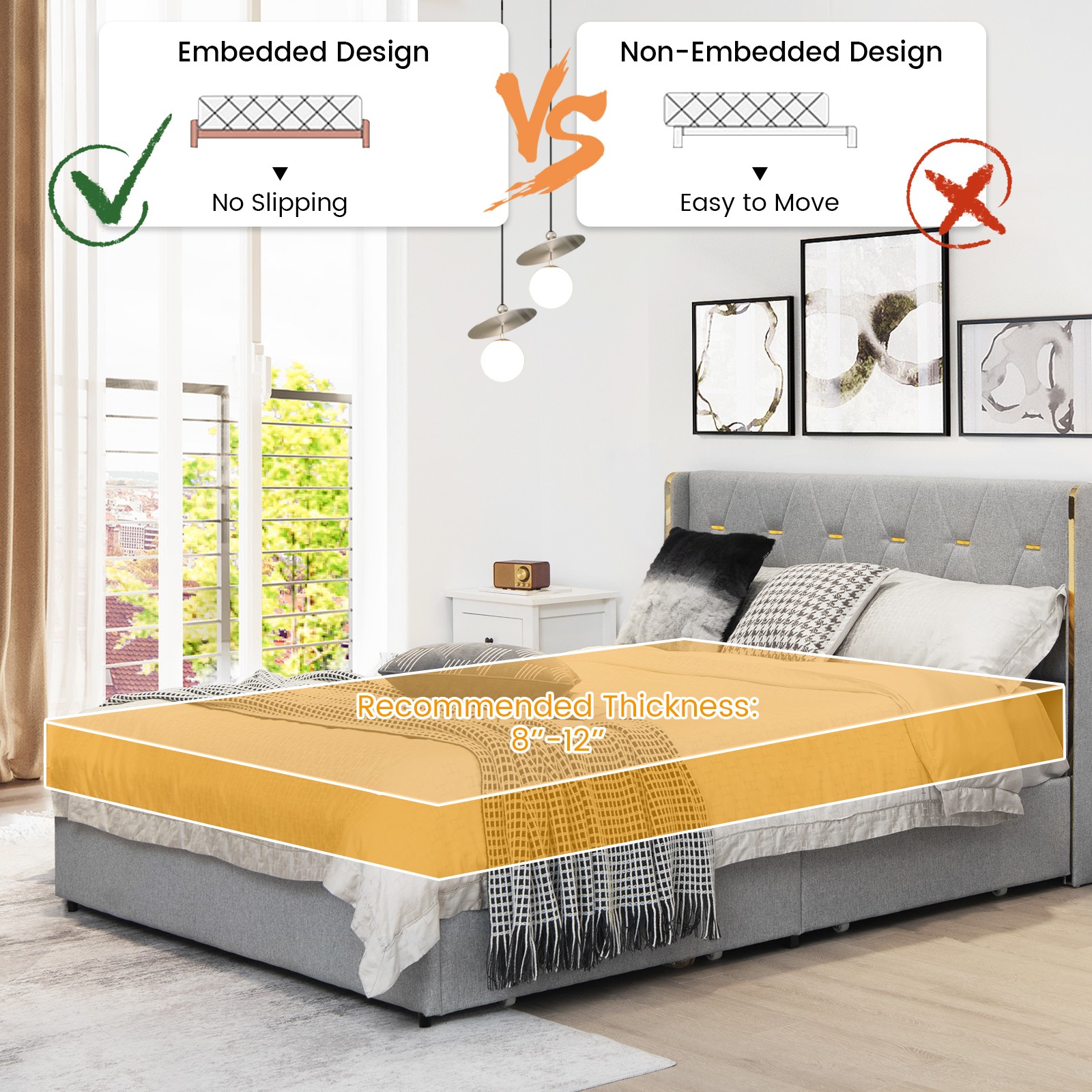 Full Upholstered Bed Frame w/ High Headboard & 4 Large Rolling Drawers Silver