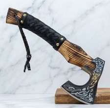 Handmade Viking Axe Carbon Steel with Engraved Ash Wood & free Leather Sheath