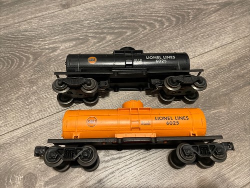 (2) Coches cisterna vintage Lionel Trains posguerra 6025 Gulf cúpula única naranja/negro | Zustand: Used