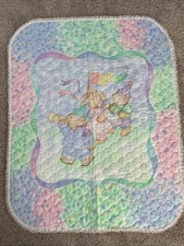 Vtg Handmade Reversible Baby Quilt Blanket Marching Teddy Bear Parade Pastel