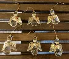 VTG Christmas Angel Ornaments Clear Acrylic Gold Color Filigree Wings Set Of 6