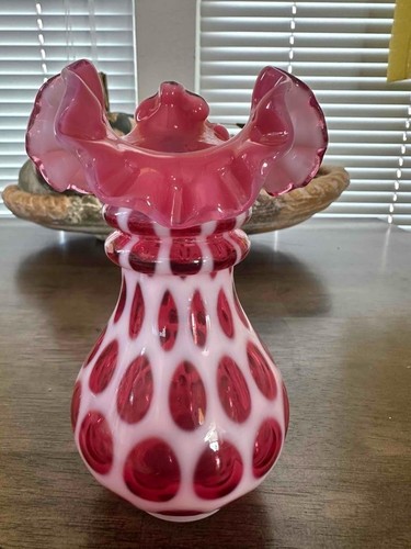 Fenton Cranberry Opalescent Coin Dot Double Ring Ruffle Top 6" Vase Excellent - Picture 5 of 8