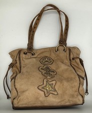 Kathy Van Zeeland Y2K Beige Brown Faux Suede Satchel Handbag Purse Fleur-De-Lis