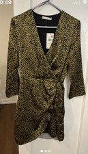 Mango Brown Black Leopard Animal Print Wrap Dress V-Neck 3/4 Kimono S