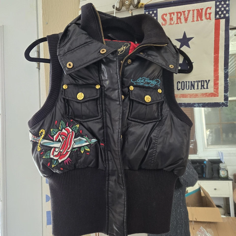 Impresionante Raro ED HARDY Por Christian Audigier Y2K Bordado Abajo Chaleco Abombado M Foto 4 de 4