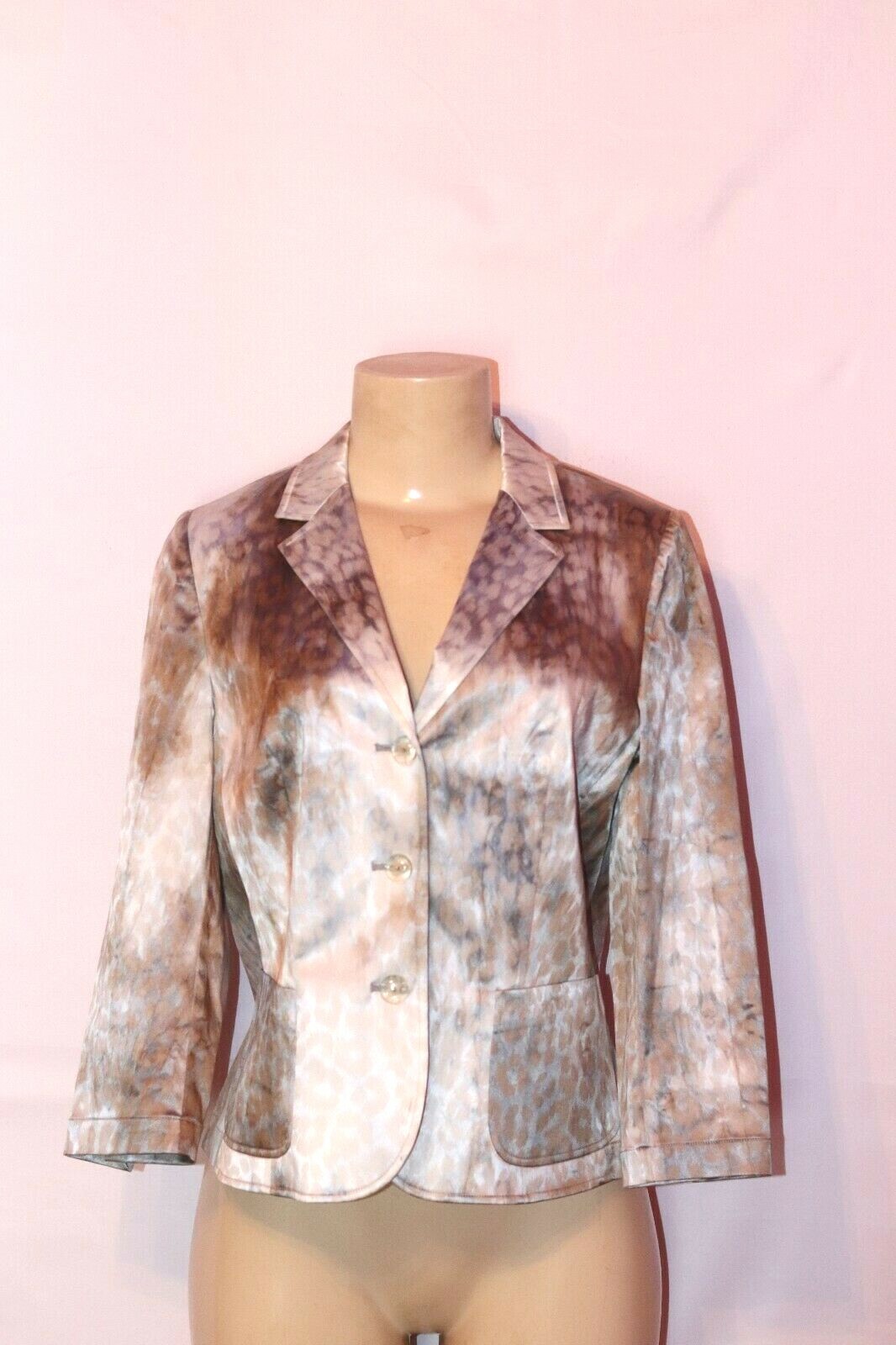 LEGGIADRO BRAND STRETCH SILK BLUE /GRAY MARBLED 3/4 SLEEVE BLAZER SIZE 6