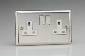 Varilight 2 Gang 13 Amp Plug Socket Georgian Brass Dec Switch White Insert