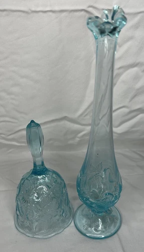 Fenton Blue Aqua Glass Bud Swung Vase And Bell Inverted Strawberry Design