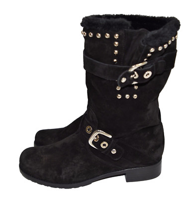 $550 STUART WEITZMAN Trotter STUDDED FUR MOTO BIKER SUEDE BLACK Boot 38 (S1)