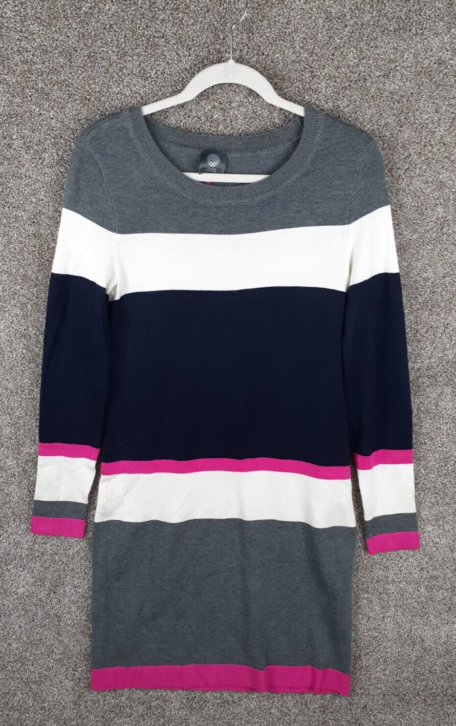 Vince Camuto Sweater Dress Womens S Gray Pink Stripe Elbow Patch Stretch Casual