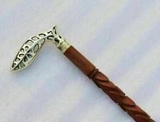 Victorian Solid Golden Brass Head Handle Brown Spiral Wooden Walking Stick