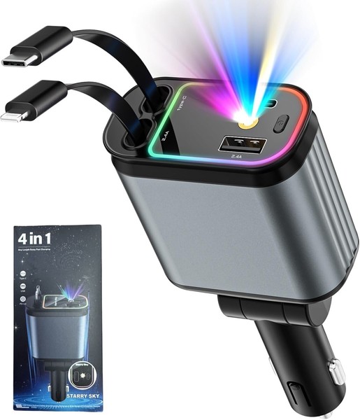 4 in 1 Retractable Fast Car Charger with Starlight 66W USB C for iPhone &Android