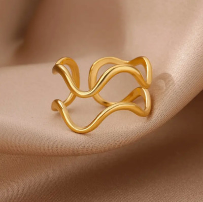 Woman 18k Gold Plated Stainless Steel 2 Layers Waves 8mm Band Ring Opening