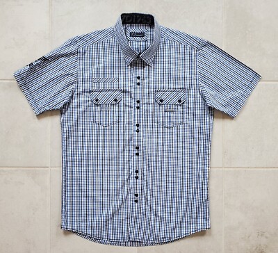 7 Diamonds Men's Large Button Up Short Sleeve Shirt Blue Check Snap Buttons