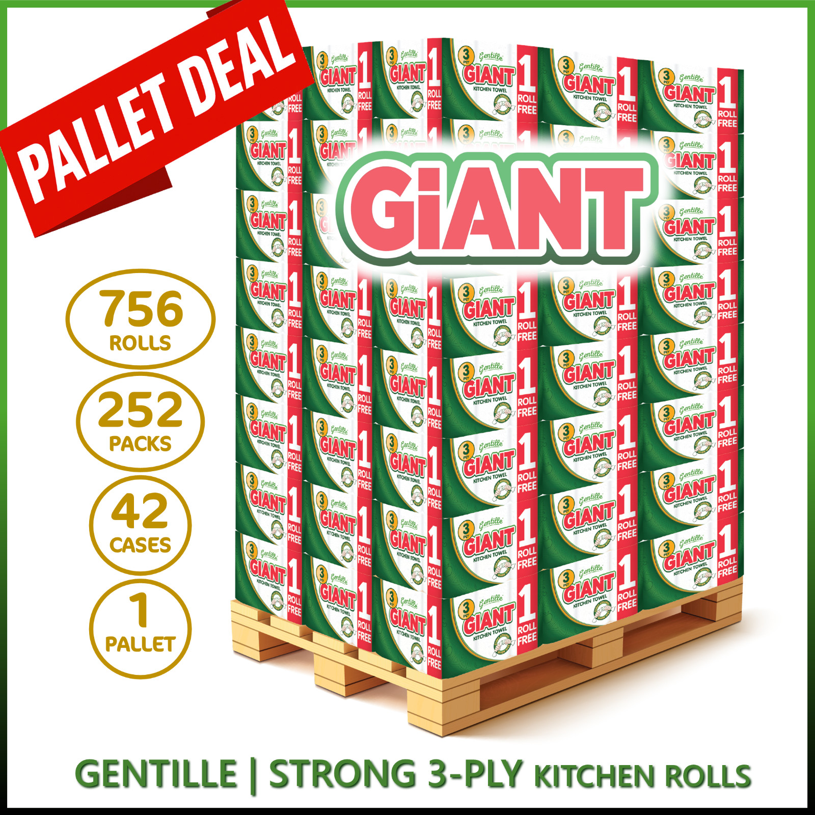 Wholesale Pallet 252 PKs Kitchen Roll Gentille Giant 3PLY 3PK Extra Thick Strong