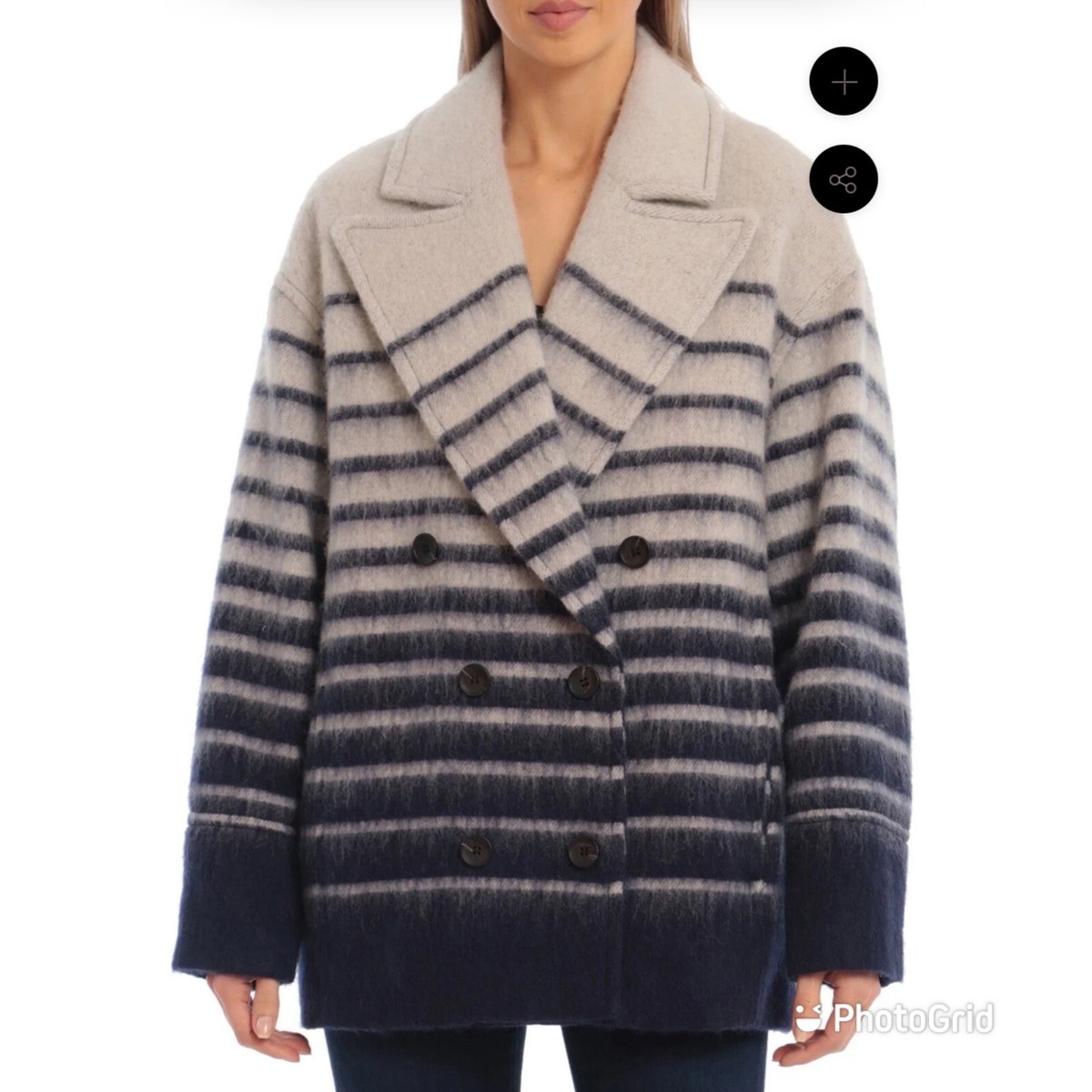 AVEC LES FILLES SAILOR STRIPE DOUBLE-BREASTED PEACOAT, blue gray