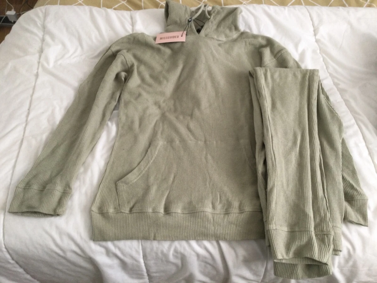 Missguided Khaki waffle stitch hoodie and joggers loungewear set