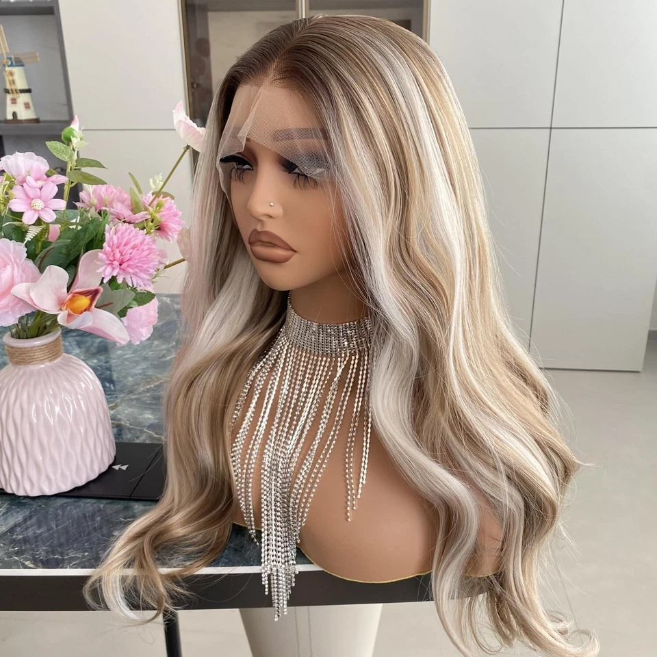 Peluca rubia platino ceniza 20" Ombre Highlight platino 13x4 pelucas delanteras de encaje Foto 4 de 4